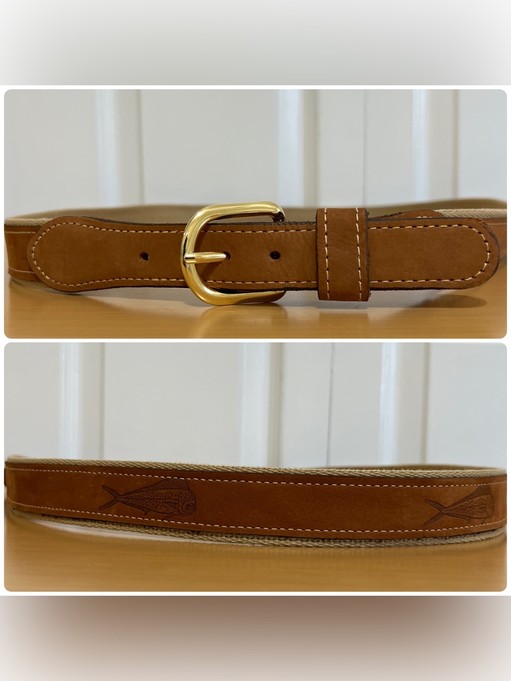 Zep-Pro Brown Leather Canvas Belt Mahi-mahi Fish Embossing Minimalist Sz 40 USA